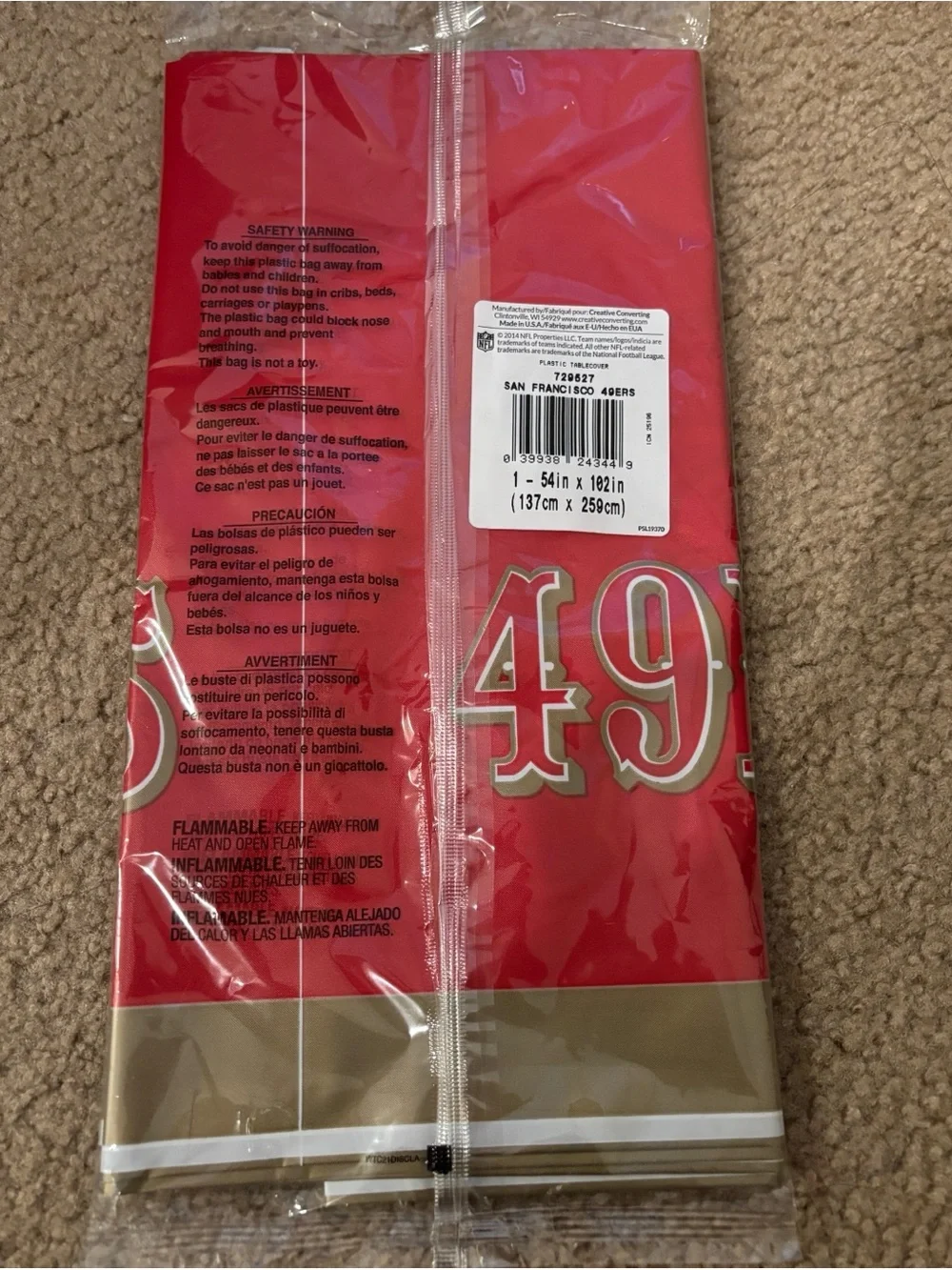 NEW San Francisco 49ers NFL Plastic Table Cover 54” x 102”